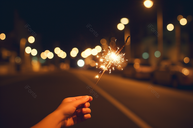 夜晚明亮街道模糊背景手上拿着烟花,高清,摄影图,摄影图片,图片大全,摄影图免费下载